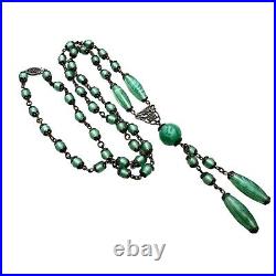 Vintage Art Deco Womens Necklace Silver Tone Green Czech Glass 1920s Era