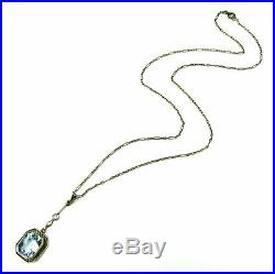 Vintage Art Nouveau / Deco 14K Gold Blue Topaz Diamond Lavalier Pendant Necklace