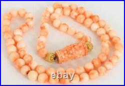Vintage Beautiful 14k Yellow Gold Carved Angel Skin Coral Bead Necklace Art Deco
