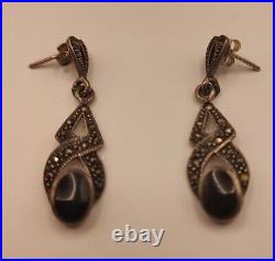 Vintage Black Onyx Marcasite Art Deco 925 Silver Necklace And Earrings Set