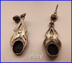 Vintage Black Onyx Marcasite Art Deco 925 Silver Necklace And Earrings Set