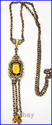 Vintage Brass Art Deco Citrine Czech Glass Ornate Filigree Necklace 28