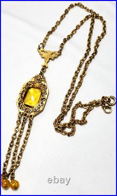 Vintage Brass Art Deco Citrine Czech Glass Ornate Filigree Necklace 28