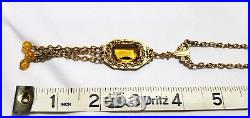 Vintage Brass Art Deco Citrine Czech Glass Ornate Filigree Necklace 28