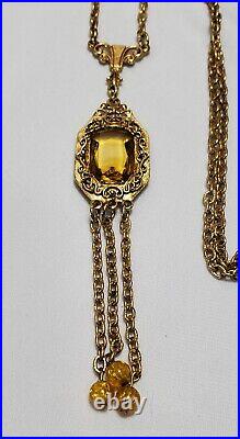 Vintage Brass Art Deco Citrine Czech Glass Ornate Filigree Necklace 28