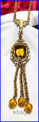 Vintage Brass Art Deco Citrine Czech Glass Ornate Filigree Necklace 28