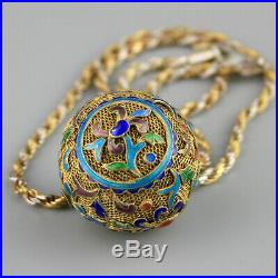 Vintage Chinese Export Enamel Vermeil Ball Necklace Sterling Gold Wash Art Deco