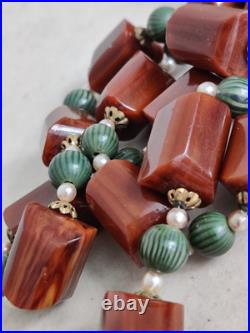 Vintage Chunky Brown Bakelite Beads Long Necklace Art Deco Tasbih Beads 88gr