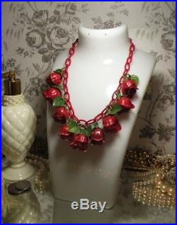 Vintage Circa 1940's 1950's RED ROSES Celluloid Necklace Art Deco Bakelite Era