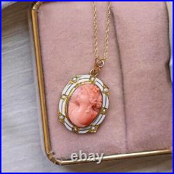 Vintage Coral Cameo Pendant Enamel Seed Pearl Yellow Gold Art Deco Necklace Pink