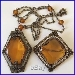 Vintage Czech Art Deco Amber Honey Color Glass Necklace Brooch Flower Brass