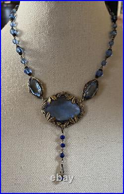 Vintage Czech Art Deco Blue glass and Silver over Brass necklace