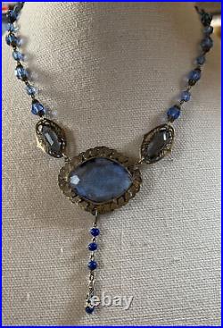 Vintage Czech Art Deco Blue glass and Silver over Brass necklace