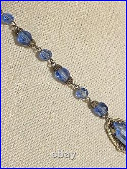 Vintage Czech Art Deco Blue glass and Silver over Brass necklace