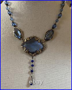 Vintage Czech Art Deco Blue glass and Silver over Brass necklace