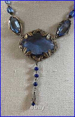 Vintage Czech Art Deco Blue glass and Silver over Brass necklace