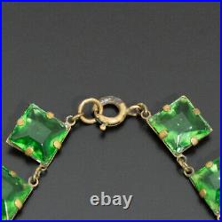 Vintage Czech Art Deco Crystal Glass Necklace Emerald Green Open Back Bezel