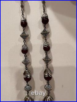 Vintage Czech Art Deco Glass Egyptian Burgandy Red Glass Necklace 18