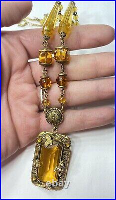Vintage Czech Art Deco Hand Cut Amber Glass Beads -Pendant Necklace Brass