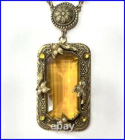 Vintage Czech Art Deco Hand Cut Amber Glass Beads -Pendant Necklace Brass