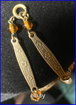 Vintage Czech Art Deco Necklace Amber Color stone and Ornate Brass Pendant