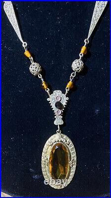 Vintage Czech Art Deco Necklace Amber Color stone and Ornate Brass Pendant