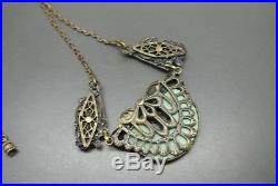 Vintage Czech Art Deco Neiger Oriental enamel green peking glass Fish necklace