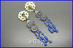 Vintage Czech Art Deco Neiger blue glass tassel filigree earrings