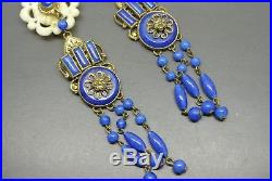 Vintage Czech Art Deco Neiger blue glass tassel filigree earrings