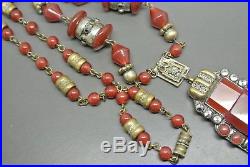 Vintage Czech Art Deco Neiger carnelian red glass pendant filigree necklace