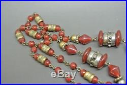 Vintage Czech Art Deco Neiger carnelian red glass pendant filigree necklace