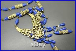 Vintage Czech Art Deco Neiger lapis blue glass tassel pendant filigree necklace