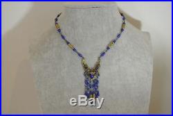 Vintage Czech Art Deco Neiger lapis blue glass tassel pendant filigree necklace