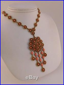 Vintage Czech Art Deco Period Pendant Necklace Coral Glass Statement