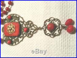 Vintage Czech Art Deco Red Glass Gold Filigree Necklace Long Flapper
