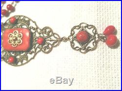 Vintage Czech Art Deco Red Glass Gold Filigree Necklace Long Flapper