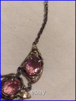 Vintage Czech AustroArt Deco Gold & Silvertone Pink Tourmaline Pendant Necklace