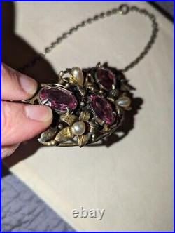 Vintage Czech AustroArt Deco Gold & Silvertone Pink Tourmaline Pendant Necklace