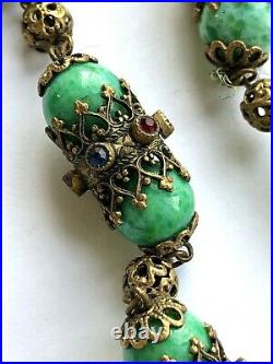Vintage Czech Glass Art Deco Bead Egyptian Revival Green 16.5 Long Necklace Af