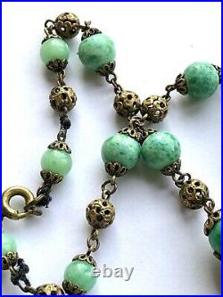 Vintage Czech Glass Art Deco Bead Egyptian Revival Green 16.5 Long Necklace Af
