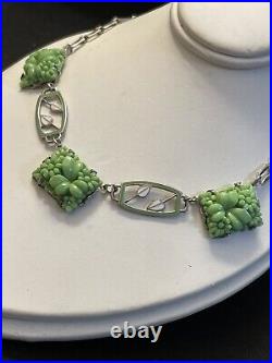 Vintage Czech Molded Glass Spearmint Green Floral Art Deco Necklace