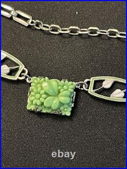 Vintage Czech Molded Glass Spearmint Green Floral Art Deco Necklace