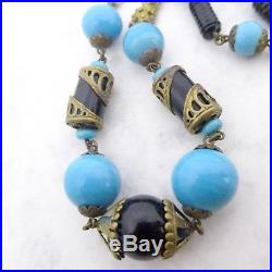 Vintage Czech Neiger Art Deco Necklace Turquoise Black Glass Metal Beads