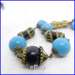 Vintage Czech Neiger Art Deco Necklace Turquoise Black Glass Metal Beads