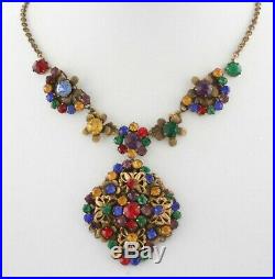 Vintage Czech Rhinestone Paste Bib Necklace Art Deco Gilt Brass Filigree
