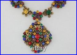 Vintage Czech Rhinestone Paste Bib Necklace Art Deco Gilt Brass Filigree