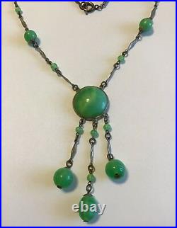 Vintage Czech Signed Art Deco Green Moonstone Glass Dangle Pendant Necklace