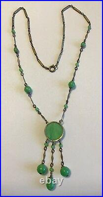 Vintage Czech Signed Art Deco Green Moonstone Glass Dangle Pendant Necklace