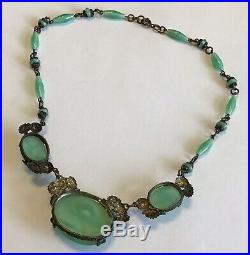 Vintage Czech Signed Art Deco Green Moonstone Glass Necklace