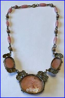 Vintage Czech Signed Art Deco Pink Glass Necklace